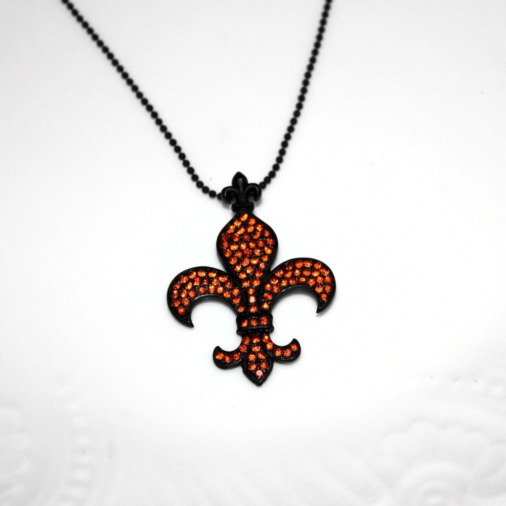 Orange Fleur-de-Lis Rhinestone Pendant Necklace Mardi Gras New Orleans Carnival